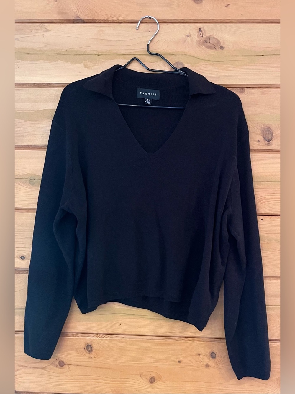 Premise Black Collared V-Neck Long Sleeve Knit Sweater Size M